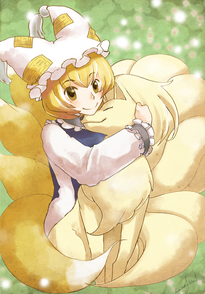 kawasemi (pocorit), pidchin, ninetales, yakumo ran, nintendo, pokemon, touhou, bad id, bad pixiv id, 1girl, blonde hair, crossover, fox tail, gen 1 pokemon, hat, hug, multiple tails, pokemon (creature), short hair, smile, tail, trait connection, yellow eyes