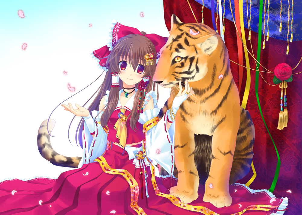 soukuu kizuna, hakurei reimu, touhou, 1girl, blush, bridal gauntlets, brown hair, choker, detached sleeves, female focus, flower, gradient background, japanese clothes, jewelry, miko, pendant, petals, red eyes, sitting, skirt, smile, solo, tiger, white background