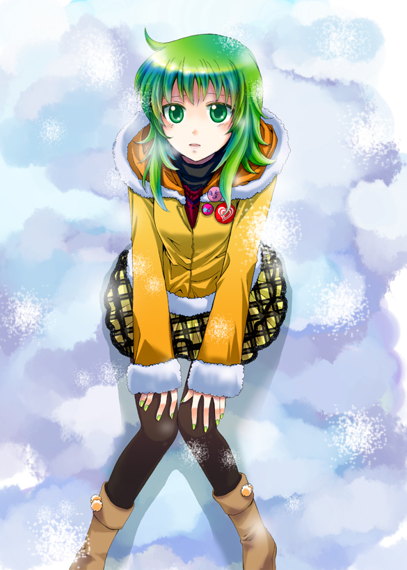 hirako, gumi, vocaloid, bad id, bad pixiv id, 1girl, boots, coat, female focus, green eyes, green hair, green nails, looking up, matching hair/eyes, nail polish, pantyhose, sitting, skirt, snow, solo