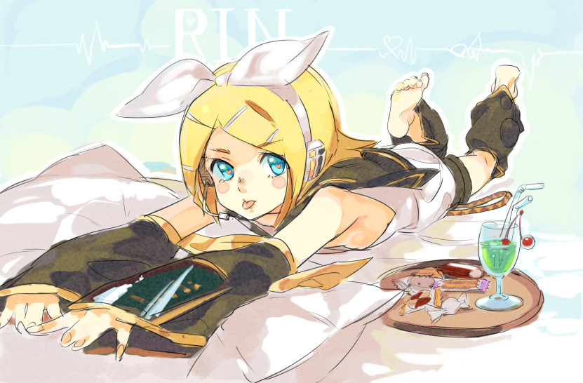 raku, kagamine rin, vocaloid, 1girl, :p, barefoot, blonde hair, candy, cherry, drink, feet, female focus, food, fruit, gradient background, hair ornament, hair ribbon, hairclip, headphones, headset, heart, lying, on stomach, pillow, plate, ribbon, short hair, shorts, sketch, solo, tongue, tongue out