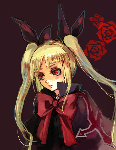 okisute, rachel alucard, arc system works, blazblue, bad id, bad pixiv id, 1girl, blonde hair, bow, female focus, flower, gothic lolita, hair ribbon, lolita fashion, long hair, red bow, red eyes, ribbon, rose, solo, twintails