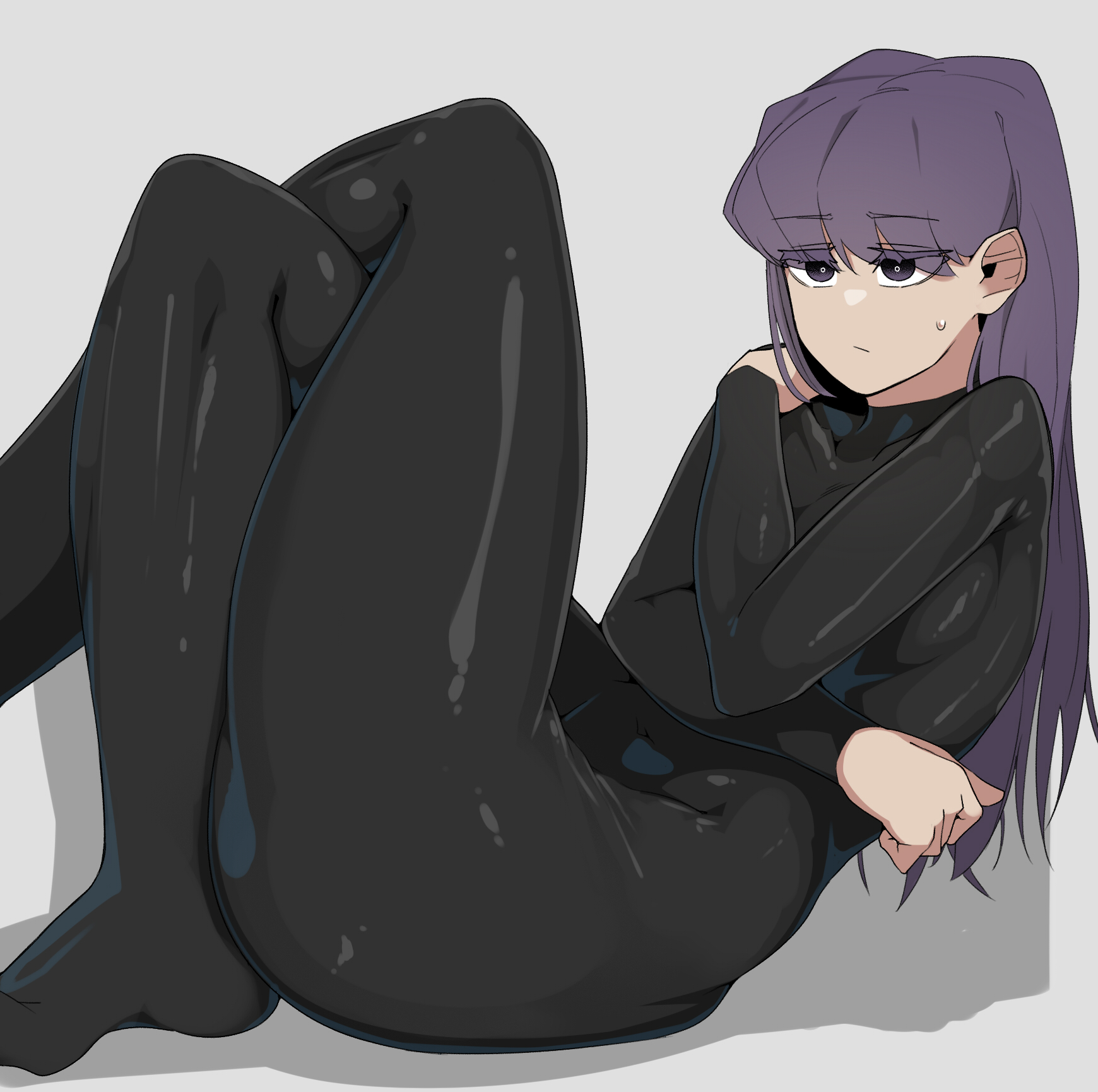 oddsnail, original, commentary request, highres, korean commentary, 1girl, black bodysuit, black eyes, bodysuit, closed mouth, collarbone, crossed arms, crossed legs, foot out of frame, grey background, knees up, lee do-eun (oddsnail), long hair, purple hair, simple background, sitting, skin tight, solo, sweatdrop, thick thighs, thighs