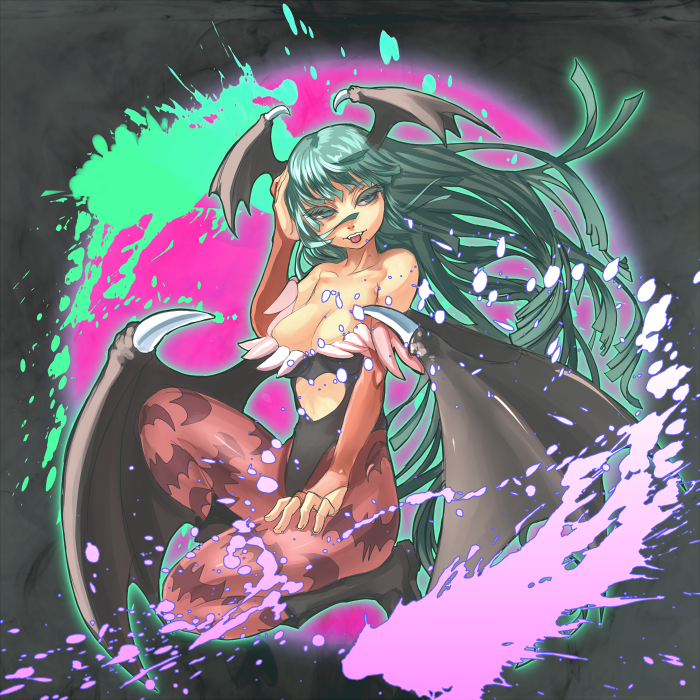 kansou samehada, morrigan aensland, capcom, darkstalkers, bad id, bad pixiv id, 1girl, animal print, aqua eyes, aqua hair, bare shoulders, bat print, bat wings, boots, breasts, cleavage, cleavage cutout, clothing cutout, demon girl, elbow gloves, eyelashes, fangs, female focus, fingerless gloves, gloves, head wings, large breasts, leotard, long hair, pantyhose, print pantyhose, solo, very long hair, wings