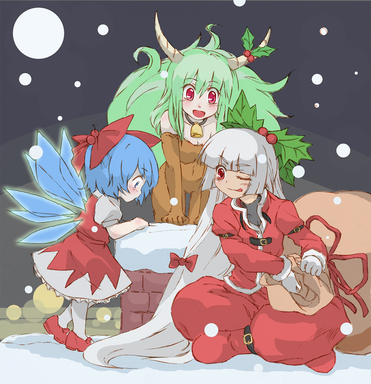 kooricha, cirno, ex-keine, fujiwara no mokou, kamishirasawa keine, touhou, silver hair, bad id, bad pixiv id, highres, blue eyes, blue hair, bow, christmas, green hair, hair bow, hair ribbon, horns, long hair, red eyes, ribbon, santa costume, short hair, tail, wings