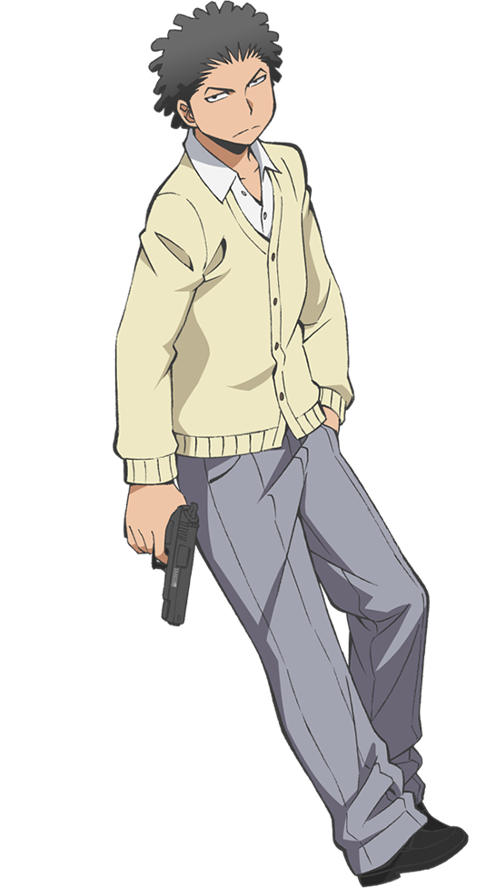 morita kazuaki, yoshida taisei, ansatsu kyoushitsu, official art, anime coloring, black eyes, black hair, black shoes, cardigan, closed mouth, collared shirt, frown, full body, grey pants, gun, hand in pocket, handgun, holding, holding gun, holding weapon, kunugigaoka middle school uniform, leaning back, pants, school uniform, shirt, shoes, simple background, solo, tachi-e, transparent background, weapon, white shirt