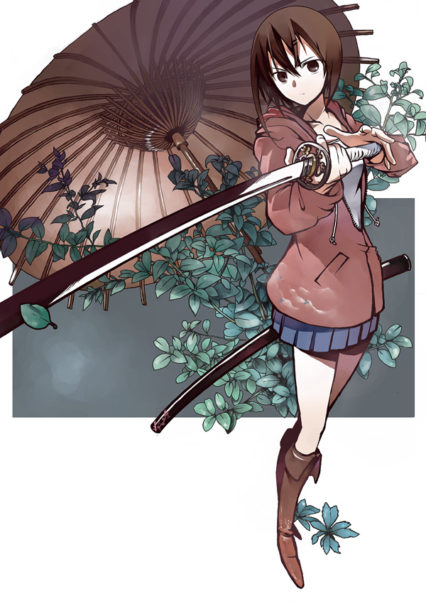machimura komori, original, 1girl, boots, brown eyes, brown hair, female focus, foreshortening, hair ornament, hairclip, jacket, katana, knee boots, leaf, legs, oil-paper umbrella, sheath, short hair, skirt, solo, sword, umbrella, weapon