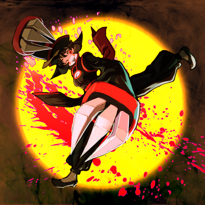 kansou samehada, hsien-ko, capcom, darkstalkers, bad id, bad pixiv id, 1girl, blush, china dress, chinese clothes, claws, cleavage cutout, clothing cutout, colored skin, dress, female focus, flipped hair, grey skin, hat, jiangshi, one eye closed, pants, red eyes, short hair, solo, wink, zombie