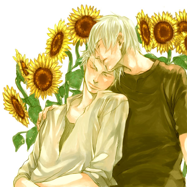 dante (devil may cry), vergil (devil may cry), capcom, devil may cry (series), silver hair, non-web source, 00s, 2boys, alternate costume, closed eyes, contemporary, flower, male focus, multiple boys, siblings, sunflower, yaoi