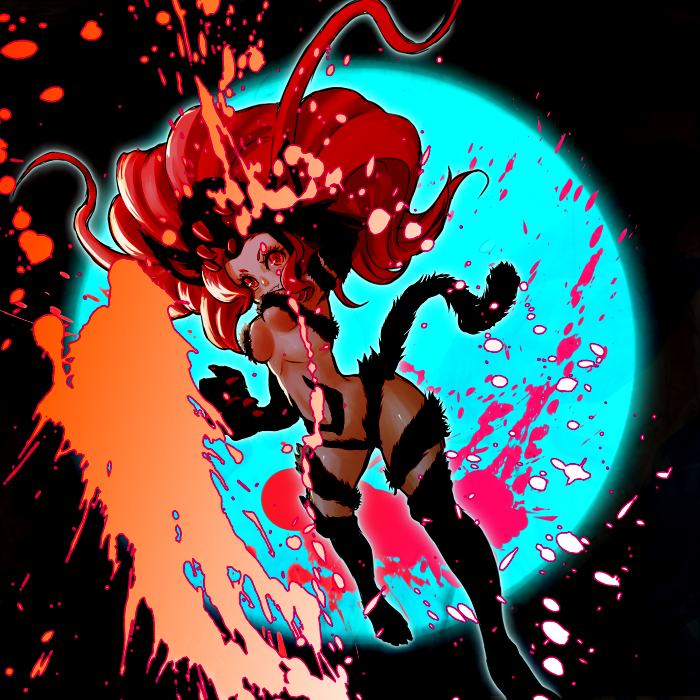 kansou samehada, felicia (darkstalkers), capcom, darkstalkers, bad id, bad pixiv id, 1girl, alternate color, alternate hair color, animal ears, animal hands, body fur, breasts, cat ears, cat paws, cat tail, female focus, long hair, medium breasts, navel, red eyes, red hair, solo, tail, very long hair