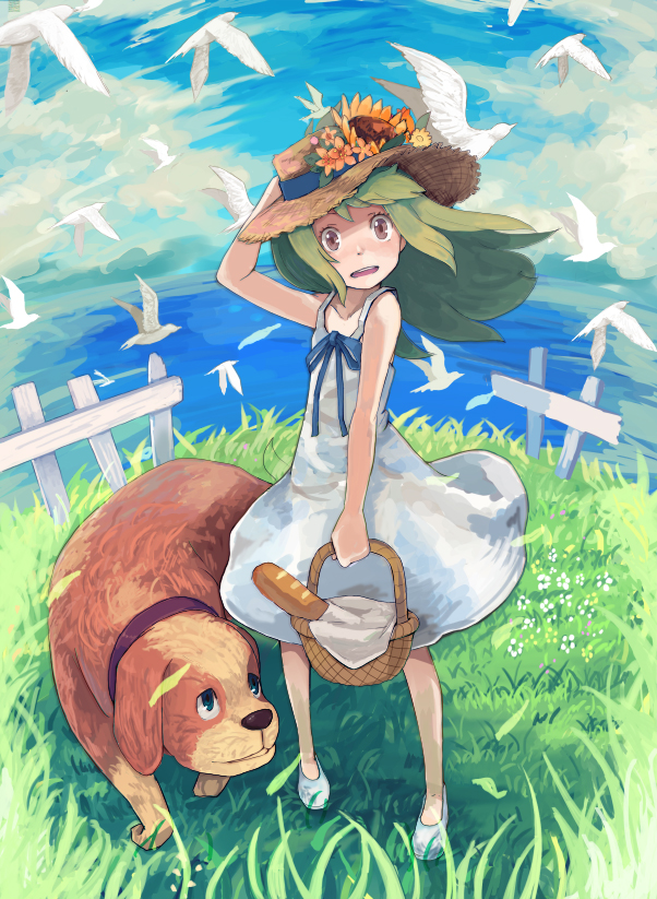nigoro, original, basket, bird, black eyes, bread, cloud, collar, day, dog, food, grass, green hair, hat, sky, solo, water, wind