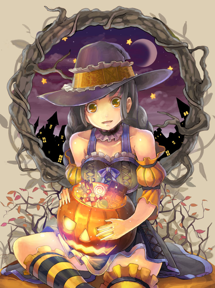 nigoro, original, bad id, bad pixiv id, 1girl, black hair, braid, candy, choker, dress, female focus, food, halloween, hat, jack-o'-lantern, kneehighs, pumpkin, single kneehigh, single sock, single thighhigh, sky, socks, solo, striped clothes, striped socks, thighhighs, twin braids, witch, witch hat, yellow eyes