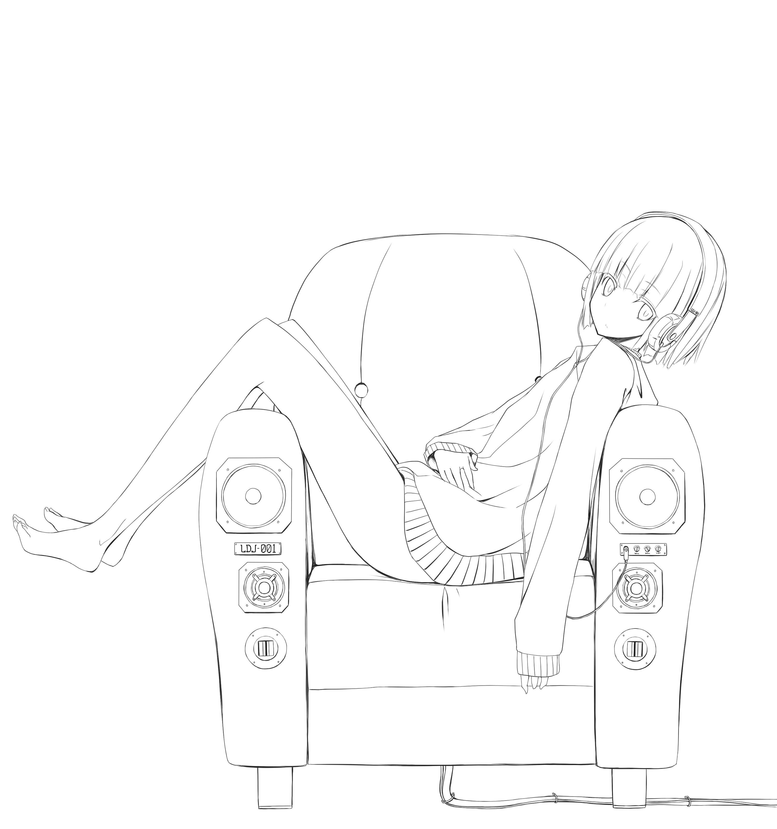 nabeshima tetsuhiro, original, absurdres, highres, amplifier, barefoot, bottomless, chair, feet, greyscale, headphones, long legs, long sleeves, monochrome, short hair, solo
