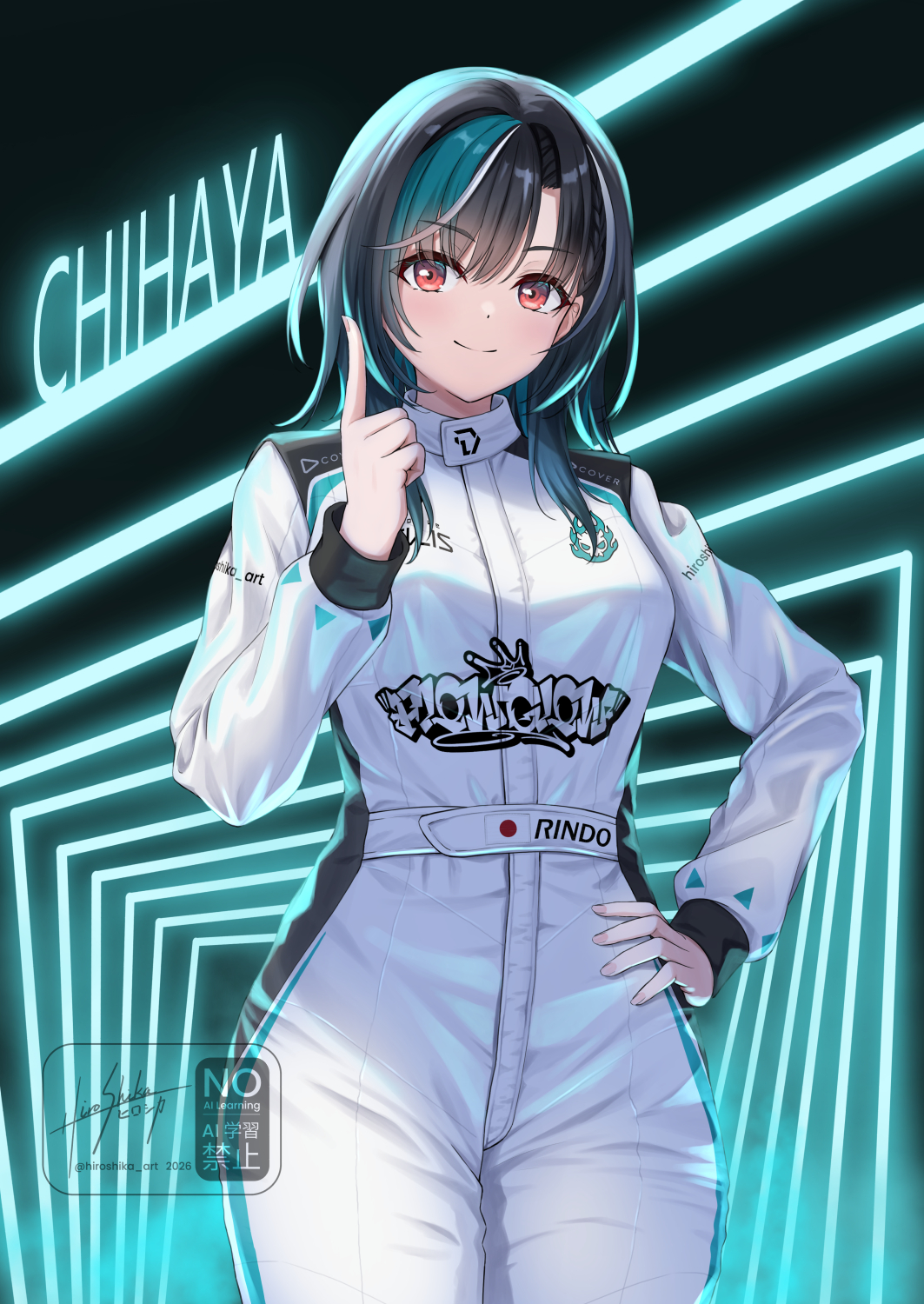 skyrail, rindo chihaya, hololive, hololive dev is, commentary request, highres, 1girl, aqua hair, black hair, braid, braided bangs, character name, closed mouth, cowboy shot, hand on own hip, hand up, jumpsuit, looking at viewer, medium hair, multicolored hair, racing suit, solo, standing, streaked hair, swept bangs, virtual youtuber, white racing suit, white streaks
