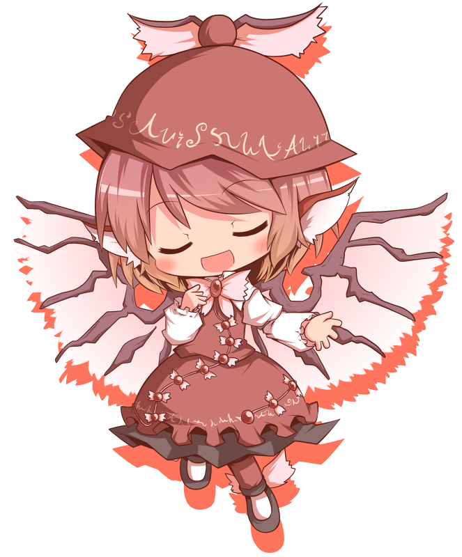 mori no kaeru, mystia lorelei, touhou, winged footwear, 1girl, blush, chibi, closed eyes, dress, female focus, full body, long sleeves, music, no nose, open mouth, outstretched arm, outstretched hand, pink hair, ribbon, shoes, short hair, simple background, singing, solo, white background, wings