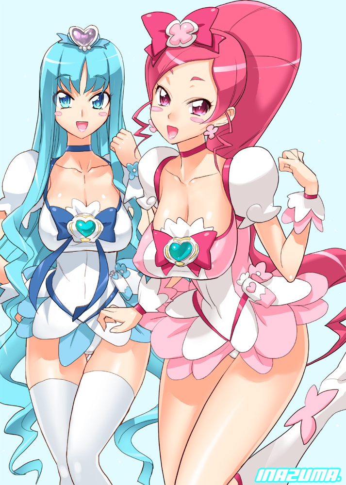 satou shouji, cure blossom, cure marine, hanasaki tsubomi, kurumi erika, heartcatch precure!, precure, white legwear, 10s, 2girls, aged up, aqua eyes, aqua hair, blue skirt, blush, blush stickers, boots, bow, breasts, brooch, cleavage, eyelashes, female focus, heart, heart brooch, high ponytail, jewelry, knee boots, large breasts, long hair, magical girl, multiple girls, open mouth, panties, pink bow, pink eyes, pink hair, ponytail, skirt, smile, thighhighs, underwear, very long hair, white background