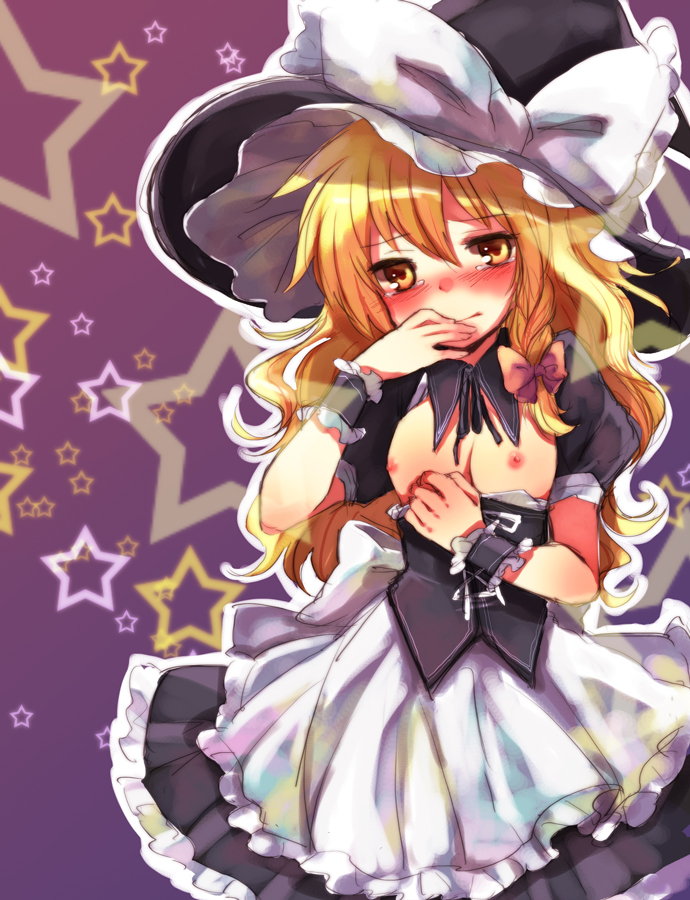 miya (tsumazukanai), kirisame marisa, touhou, bad id, bad pixiv id, 1girl, black hat, blonde hair, breasts, dress, female focus, hat, nipples, small breasts, solo, star (symbol), star symbol background, two-tone dress