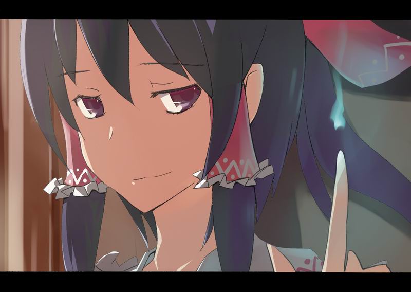 yui (niikyouzou), hakurei reimu, imperishable night, touhou, artist request, bad id, bad pixiv id, 1girl, black hair, bow, close-up, female focus, hair bow, letterboxed, pointing, red eyes, smile, smirk, solo