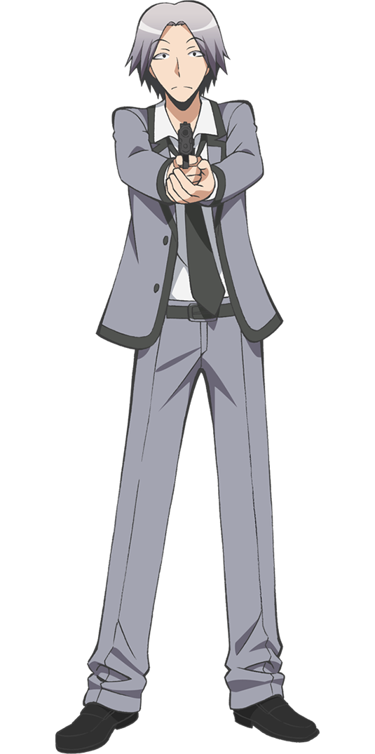 morita kazuaki, sugaya sousuke, ansatsu kyoushitsu, official art, 1boy, aiming, aiming at viewer, anime coloring, belt, black belt, black eyes, black necktie, black shoes, closed mouth, collared shirt, frown, full body, grey hair, grey jacket, grey pants, gun, handgun, holding, holding gun, holding weapon, jacket, kunugigaoka middle school uniform, male focus, necktie, pants, school uniform, shirt, shoes, simple background, solo, standing, tachi-e, transparent background, weapon, white shirt