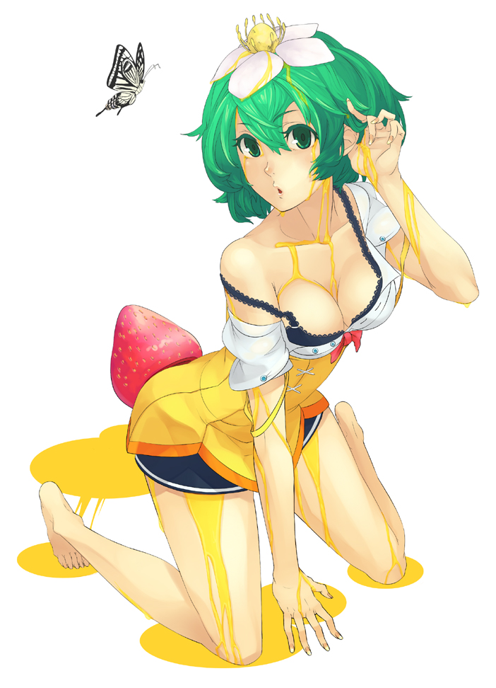 shibairo, pixiv fantasia, pixiv fantasia 3, 1girl, barefoot, bra, breasts, cleavage, feet, female focus, flower, food, fruit, green eyes, green hair, hair flower, hair ornament, honey, kneeling, lingerie, matching hair/eyes, off shoulder, short hair, skirt, solo, strap slip, strawberry, underwear