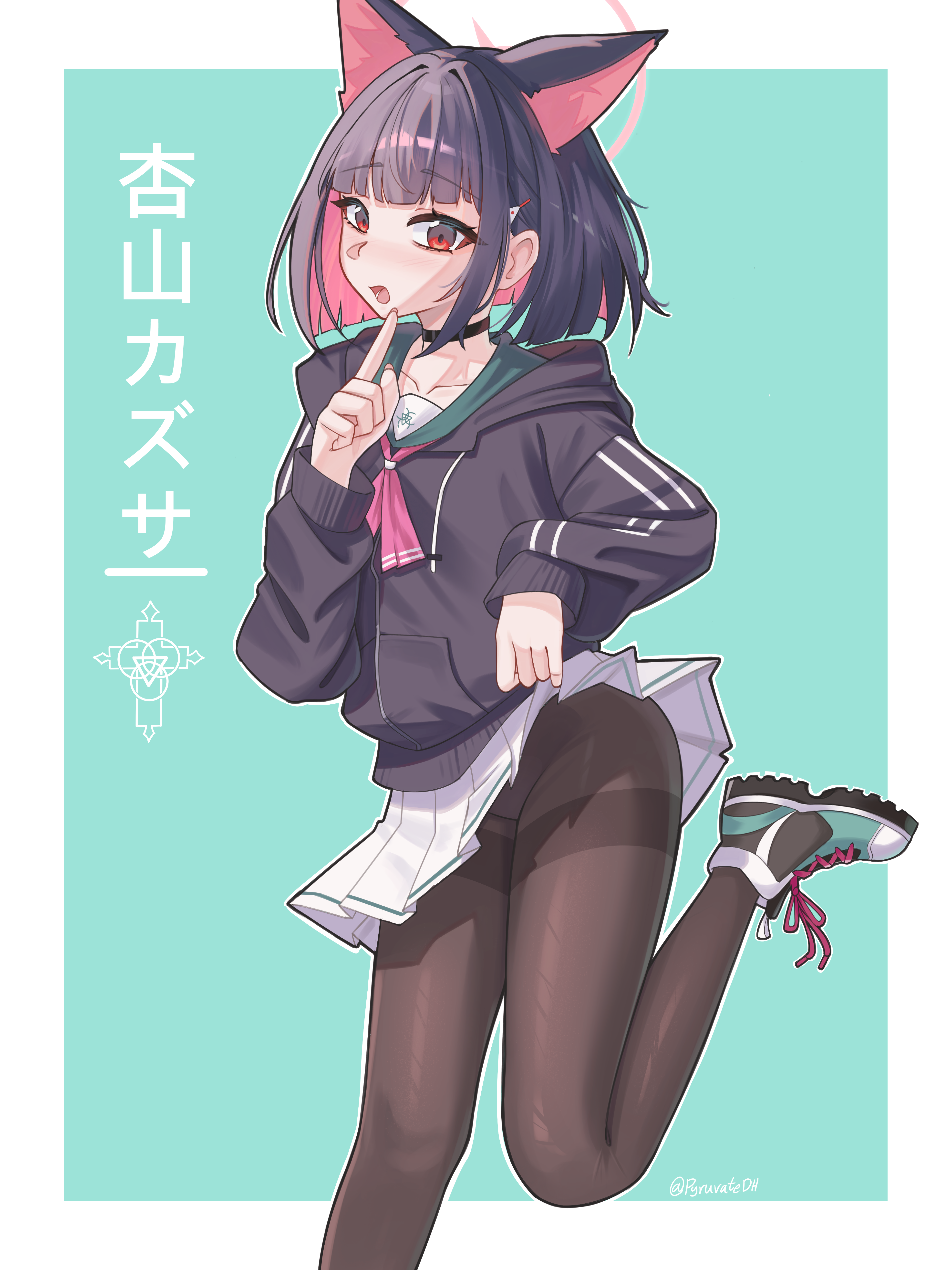 pyruvate, kazusa (blue archive), blue archive, absurdres, commentary, highres, 1girl, animal ears, black choker, black hair, black hoodie, black pantyhose, border, cat ears, cat girl, choker, finger to mouth, hood, hood down, hoodie, indoors, long sleeves, looking at viewer, medium hair, open mouth, outside border, pantyhose, pink hair, purple eyes, red eyes, shushing, skirt, solo, standing, standing on one leg, thighband pantyhose, white border, white skirt