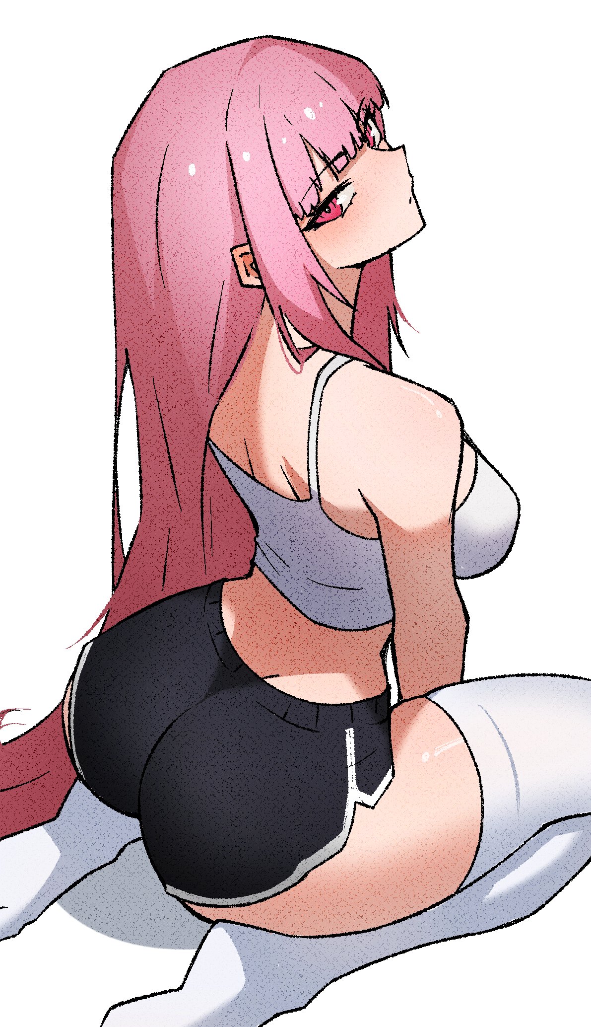ritorugalaxy, mori calliope, hololive, hololive english, commentary, english commentary, highres, 1girl, alternate costume, ass, black shorts, breasts, camisole, kneeling, long hair, looking at viewer, medium breasts, pink eyes, pink hair, shorts, simple background, socks, solo, thighhighs, very long hair, virtual youtuber, white background, white camisole, white socks, white thighhighs