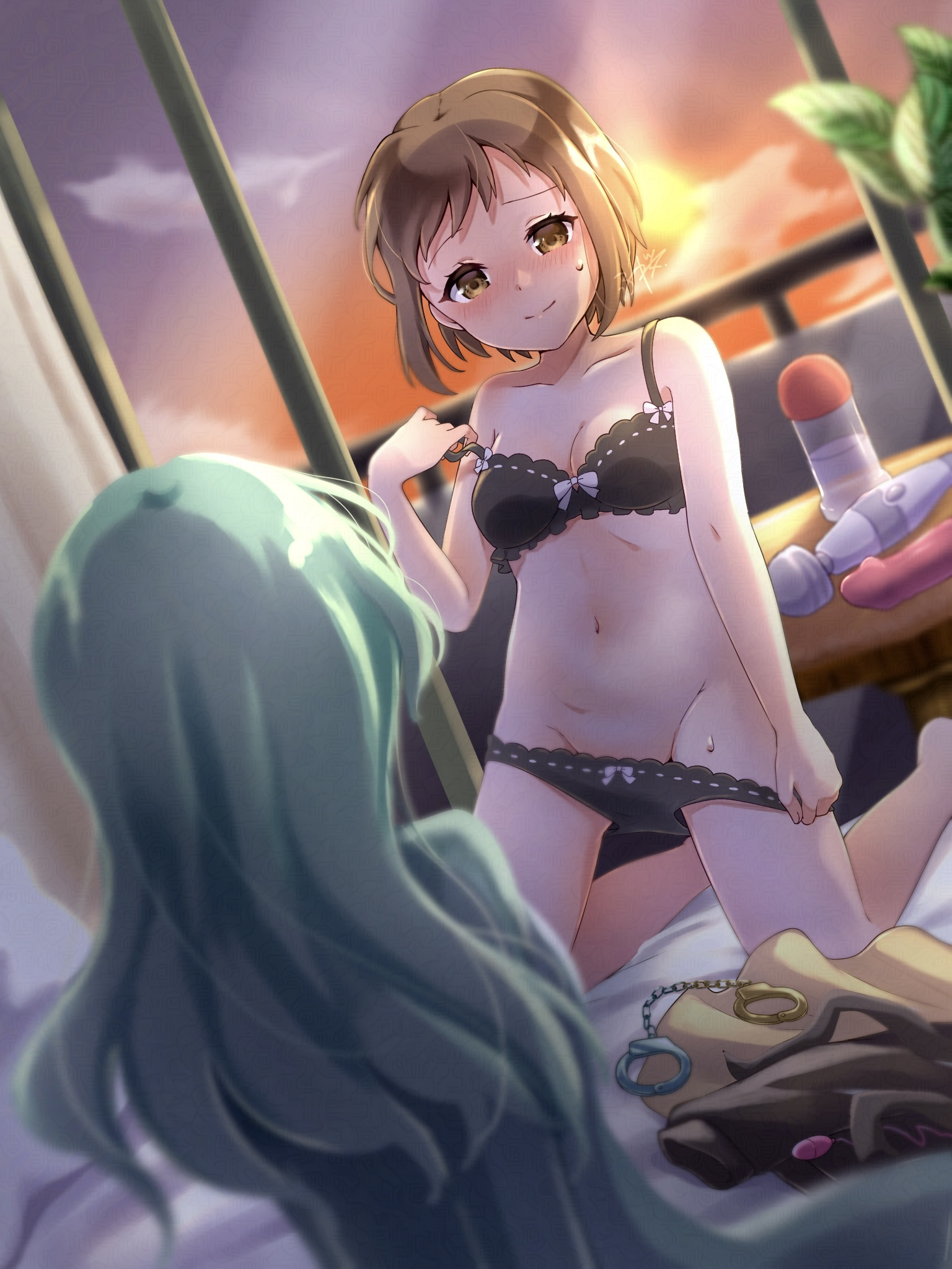 shifo 514, hazawa tsugumi, hikawa sayo, bang dream!, commentary request, commission, highres, pixiv commission, 2girls, aqua hair, black bra, black panties, blush, bra, breasts, brown eyes, brown hair, cleavage, closed mouth, cuffs, dildo, handcuffs, kneeling, long hair, medium breasts, multiple girls, navel, panties, sex toy, short hair, stomach, sweatdrop, underwear, undressing, wand, yuri
