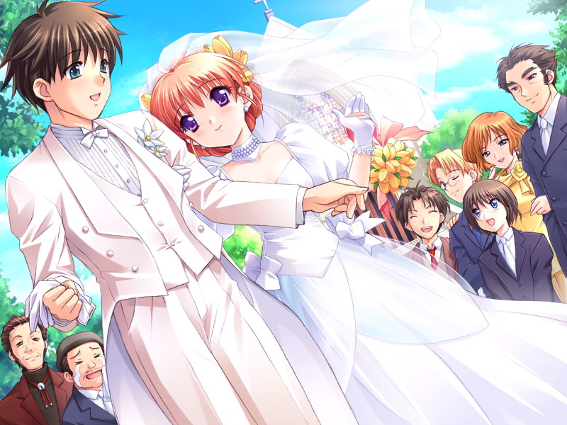 game cg, tagme, 2girls, 6+boys, bride, couple, dress, multiple boys, multiple girls, red hair, sky, wedding, wedding dress