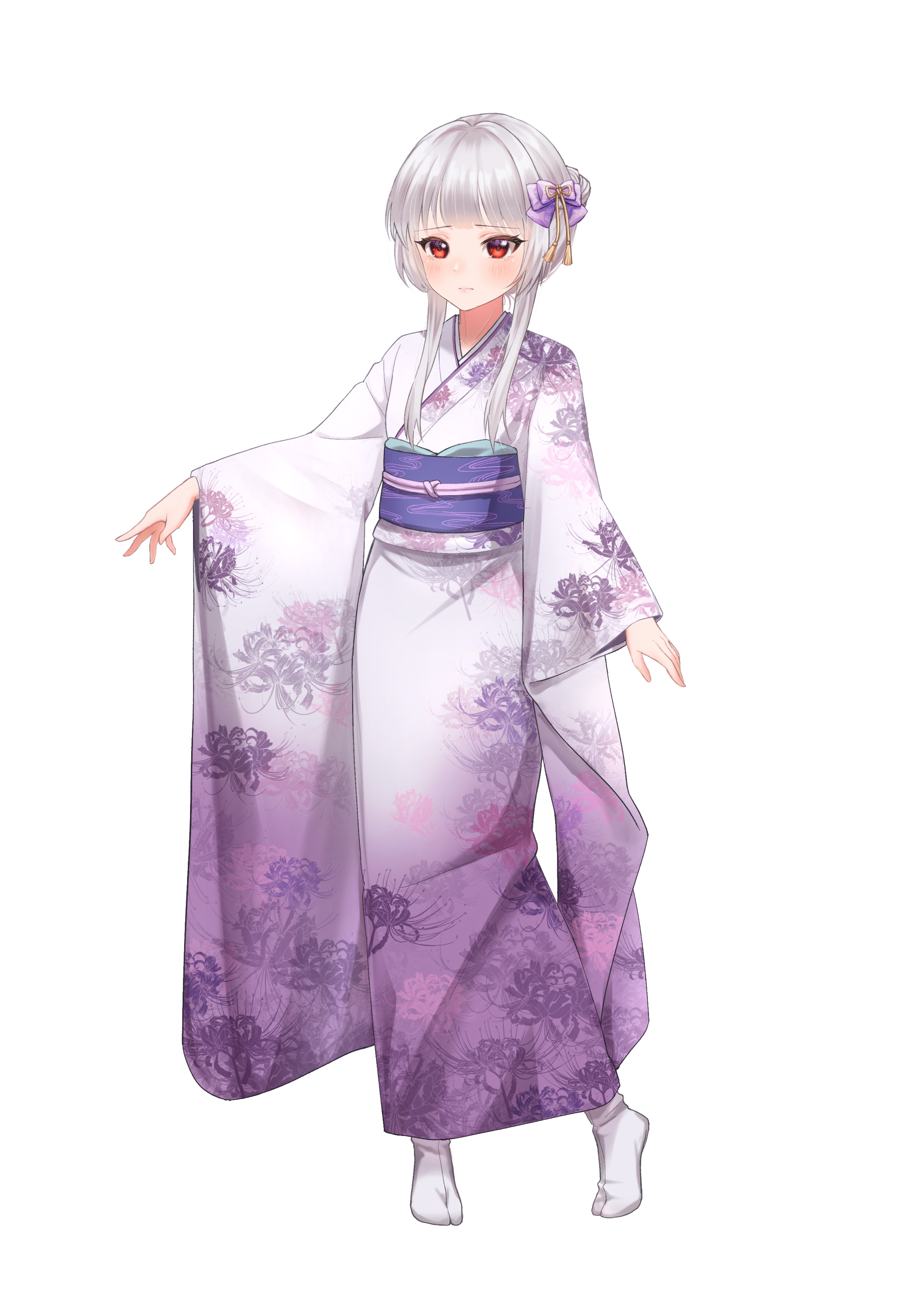 leno^a^, original, absurdres, commentary request, highres, 1girl, bow, closed mouth, floral print, floral print kimono, full body, furisode, gradient clothes, gradient kimono, grey hair, hair bow, hair bun, japanese clothes, kimono, long hair, looking at viewer, obi, obiage, obijime, print kimono, purple bow, purple kimono, red eyes, sash, simple background, single hair bun, solo, spider lily print, tabi, white background, white kimono, wide sleeves