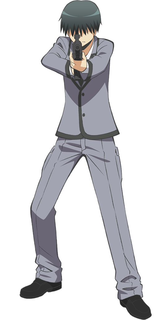 morita kazuaki, chiba ryuunosuke, ansatsu kyoushitsu, official art, 1boy, aiming, aiming at viewer, anime coloring, black hair, black necktie, black shoes, closed mouth, collared shirt, full body, grey jacket, grey pants, gun, hair over eyes, holding, holding gun, holding weapon, jacket, kunugigaoka middle school uniform, male focus, necktie, pants, school uniform, shirt, shoes, simple background, solo, standing, tachi-e, transparent background, weapon, white shirt