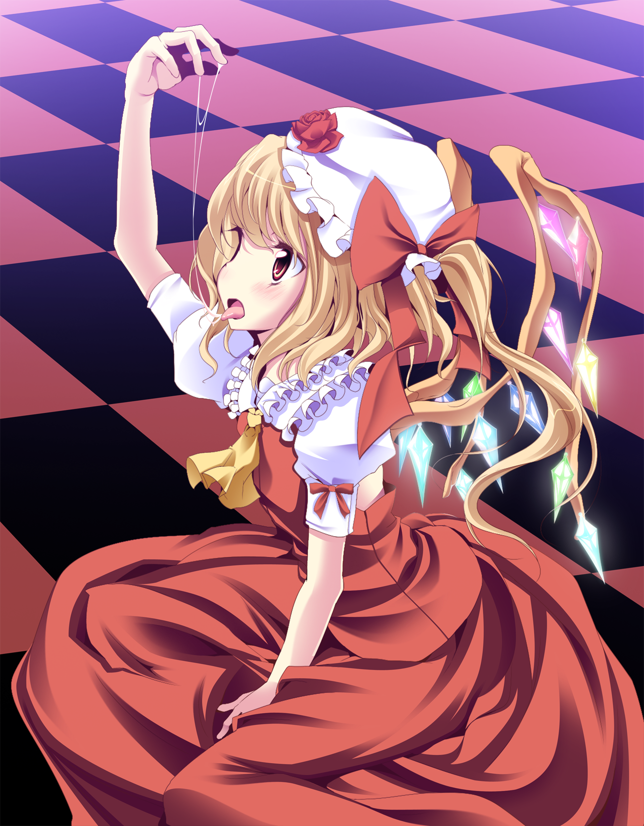 ina (inadahime), oouso, flandre scarlet, touhou, bad id, bad pixiv id, highres, 1girl, arm up, ascot, between legs, blonde hair, bow, checkered floor, cum, cum string, female focus, floor, flower, hand between legs, hat, hat bow, hat flower, open mouth, perspective, red eyes, ribbon, saliva, saliva trail, short hair, side ponytail, sitting, skirt, skirt set, solo, tongue, tongue out, wings