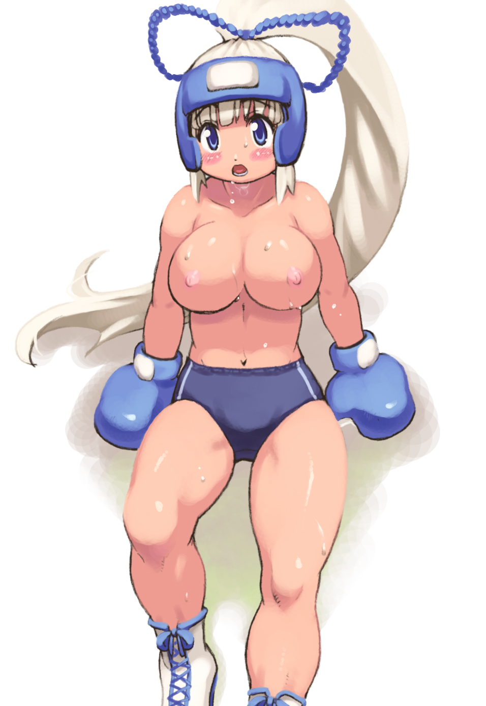 yu 3, majikina mina, samurai spirits, snk, highres, 1girl, boxing, boxing gloves, boxing headgear, breasts, buruma, female focus, large breasts, long hair, nipples, ponytail, solo, sweat, topless female, white hair