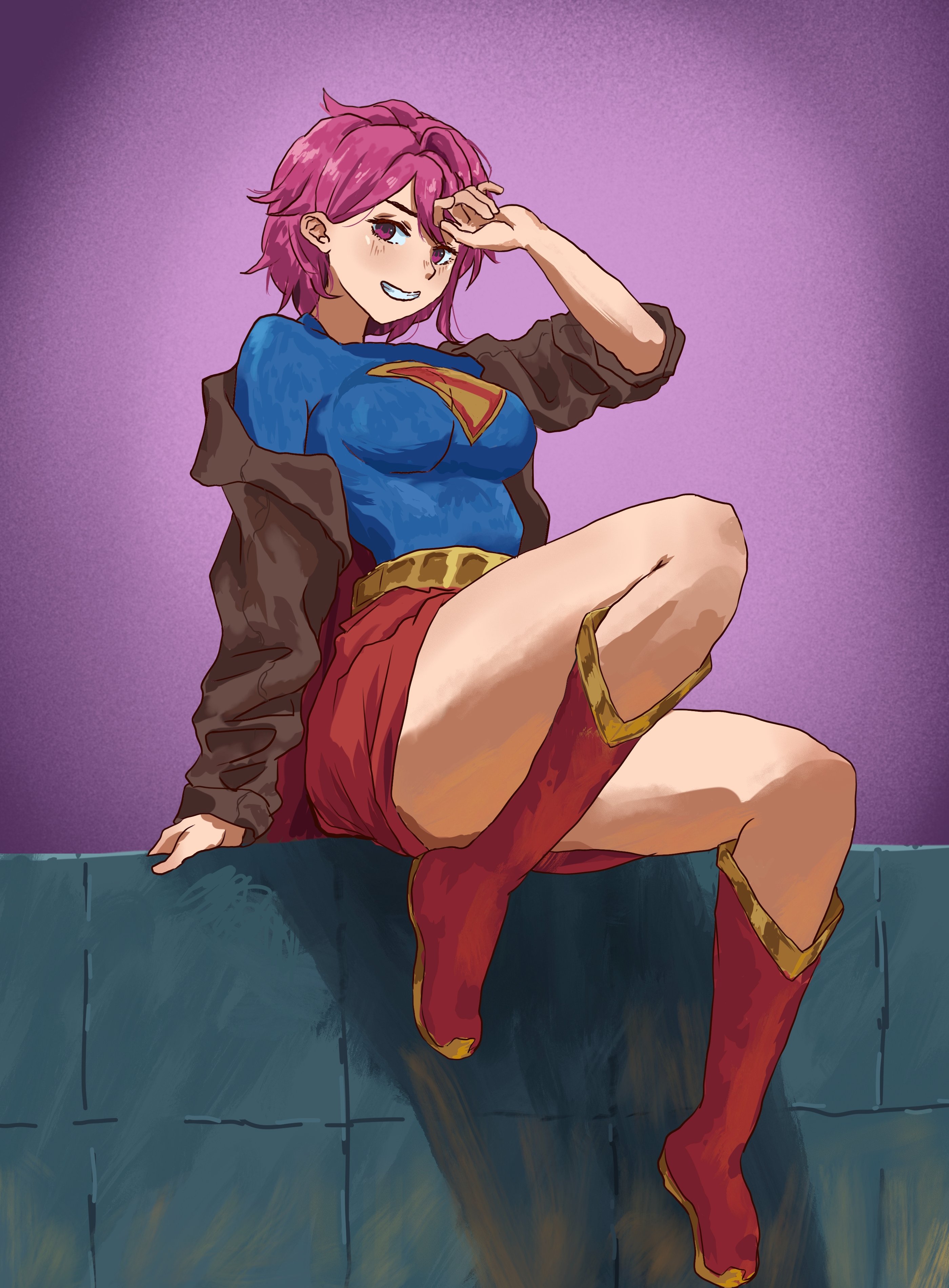 pluvion, shiratori aira (dandadan), supergirl, dandadan, dc comics, superman (series), absurdres, commentary, english commentary, highres, 1girl, boots, cape, cosplay, pink hair, red boots, red cape, short hair, solo, supergirl (cosplay), superhero costume, superman logo