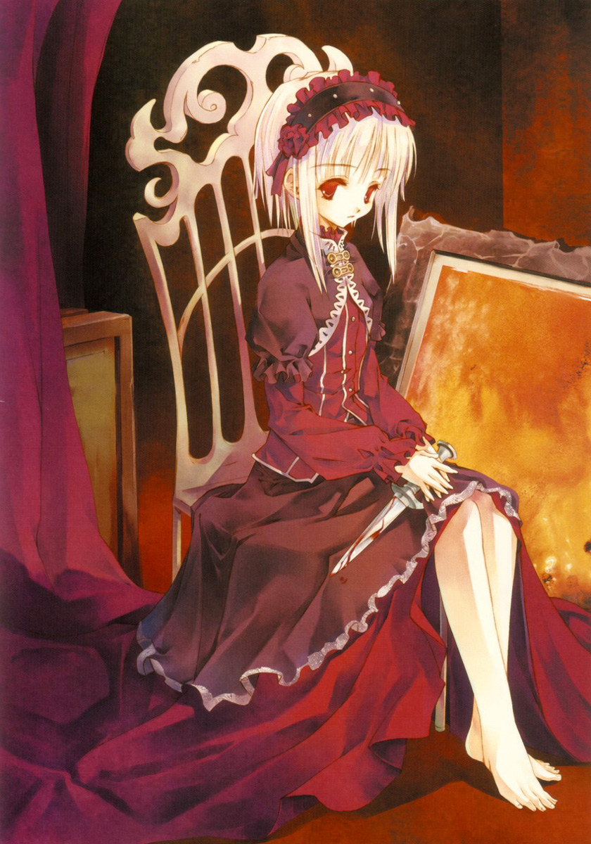 sumi keiichi, original, highres, 1girl, albino, barefoot, blood, dagger, feet, female focus, goth fashion, gothic lolita, knife, lolita fashion, red eyes, short hair, solo, weapon, white hair