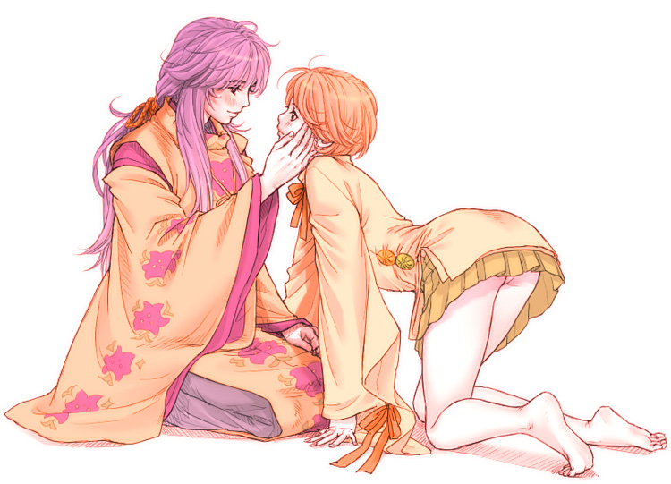 kiske, minamoto no motomi, takakura karin, harukanaru toki no naka de, harukanaru toki no naka de 2, original, 00s, 1boy, 1girl, all fours, ass, barefoot, blush, couple, feet, full body, hair ribbon, legs, long hair, panties, pantyshot, purple hair, red hair, ribbon, seiza, simple background, sitting, soles, toes, underwear, white background