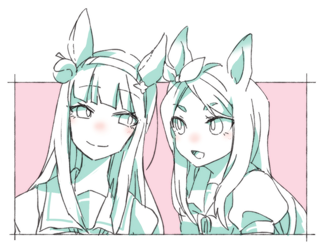 beer hsk, mejiro mcqueen (umamusume), silence suzuka (umamusume), umamusume, 2girls, :d, animal ears, blush, bow, closed mouth, ear ribbon, eye contact, hairband, horse ears, long hair, looking at another, multiple girls, open mouth, pink background, puffy short sleeves, puffy sleeves, school uniform, short sleeves, smile, swept bangs, thick eyebrows, tracen school uniform, two-tone background, upper body, white background