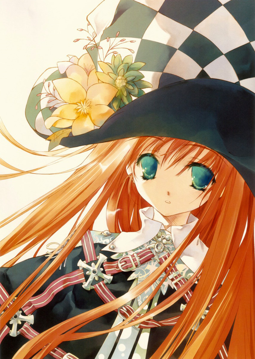 sumi keiichi, original, highres, blue eyes, empty eyes, flower, hat, long hair, red hair, solo, witch hat