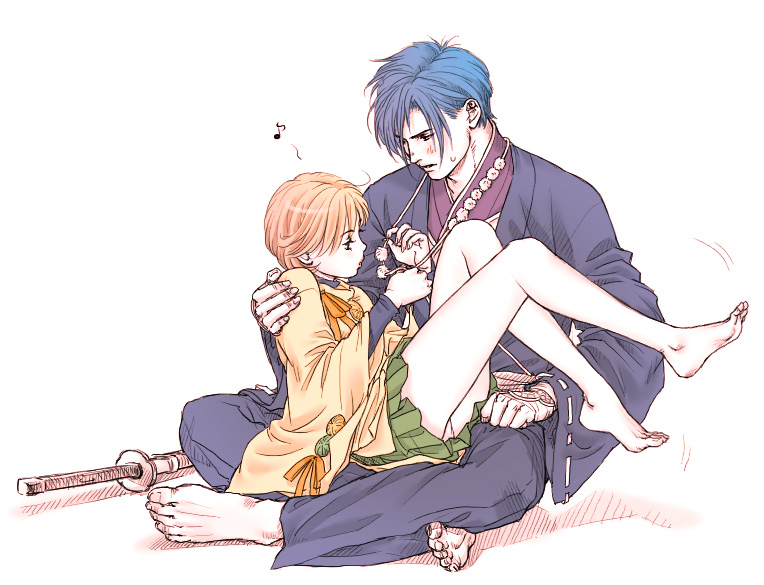 kiske, minamoto no yoritada, takakura karin, harukanaru toki no naka de, harukanaru toki no naka de 2, original, 00s, 1boy, 1girl, barefoot, blue hair, blush, brown hair, feet, jewelry, legs, lips, musical note, necklace, panties, pantyshot, short hair, sitting, sitting on lap, sitting on person, skirt, sword, thighs, underwear, weapon