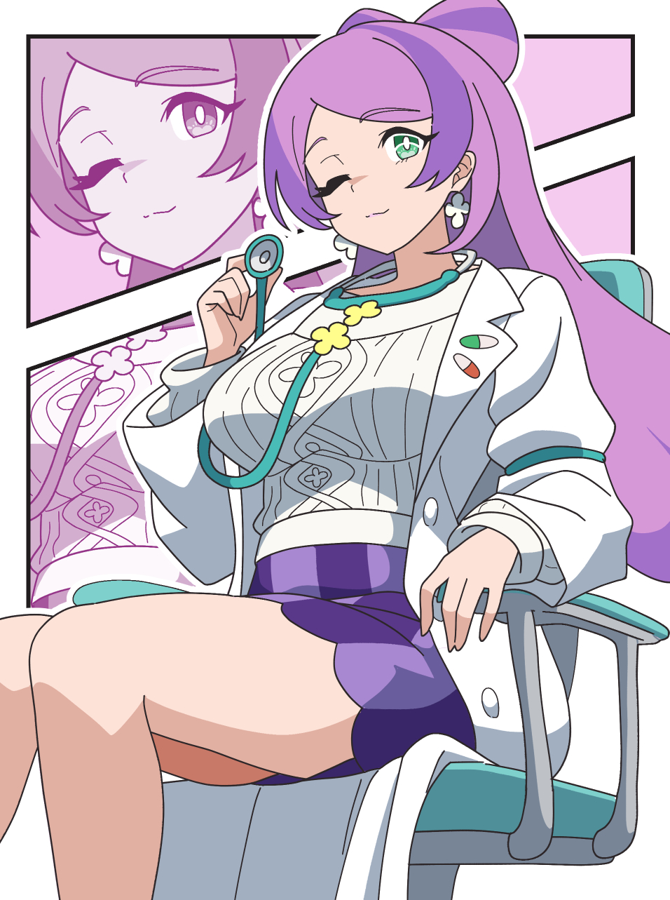 kanbei (pixiv11037490), miriam (pokemon), nintendo, pokemon, pokemon sv, commentary, english commentary, highres, 1girl, breasts, chair, closed mouth, coat, earrings, flower earrings, green eyes, holding, holding stethoscope, jewelry, lab coat, large breasts, long hair, long sleeves, looking at viewer, multicolored hair, off-shoulder sweater, off shoulder, on chair, one eye closed, open clothes, open coat, pink hair, purple hair, purple skirt, school nurse, sitting, skirt, smile, stethoscope, streaked hair, striped clothes, striped skirt, sweater, white coat, white sweater, yellow sweater, zoom layer