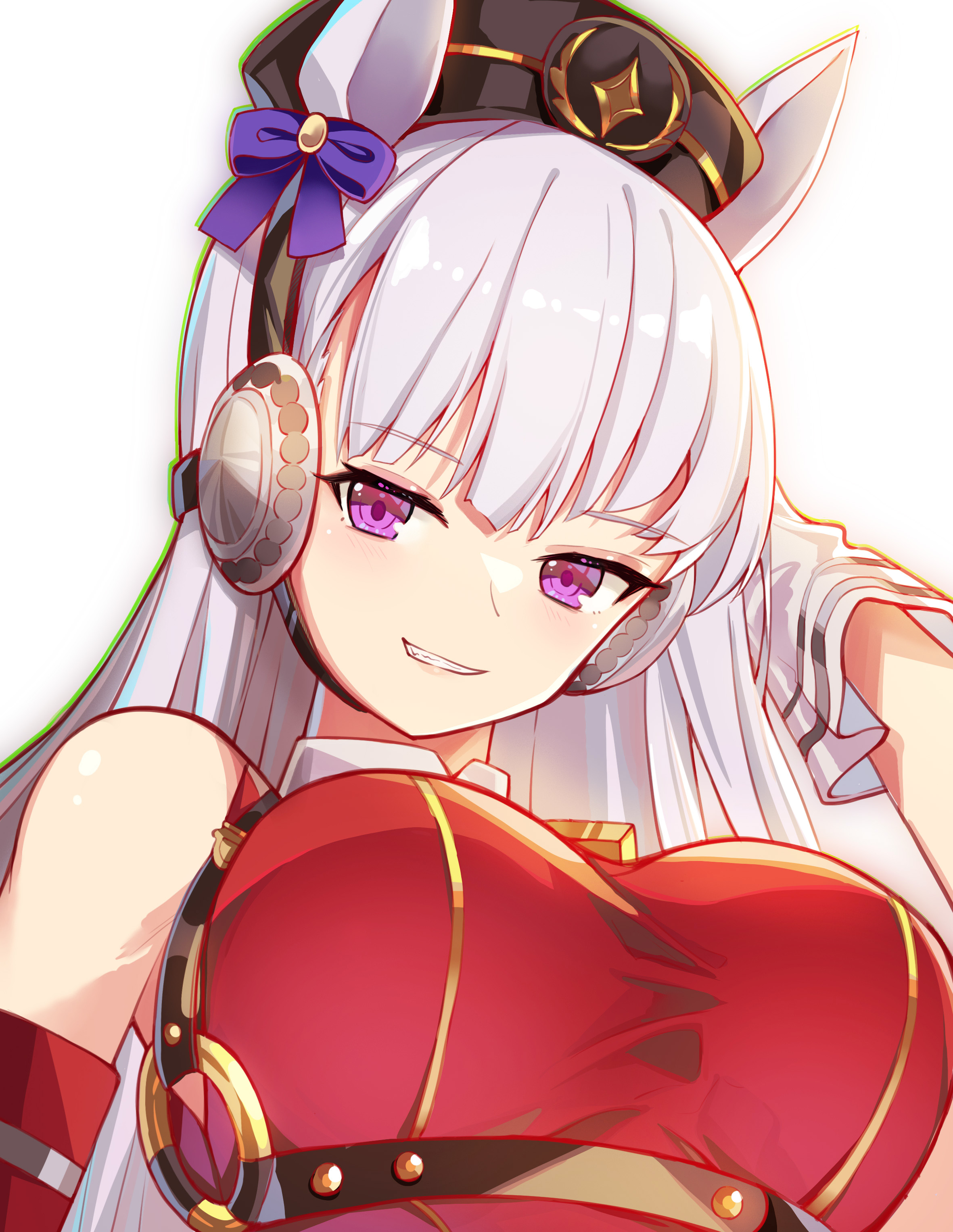 zbobo, gold ship (red strife) (umamusume), gold ship (umamusume), umamusume, absurdres, commentary, highres, 1girl, animal ears, arm behind head, black hat, blush, breasts, dress, earmuffs, gloves, grey hair, hat, horse ears, horse girl, large breasts, long hair, looking at viewer, parted lips, purple eyes, red dress, sleeveless, sleeveless dress, smile, solo, upper body, white gloves