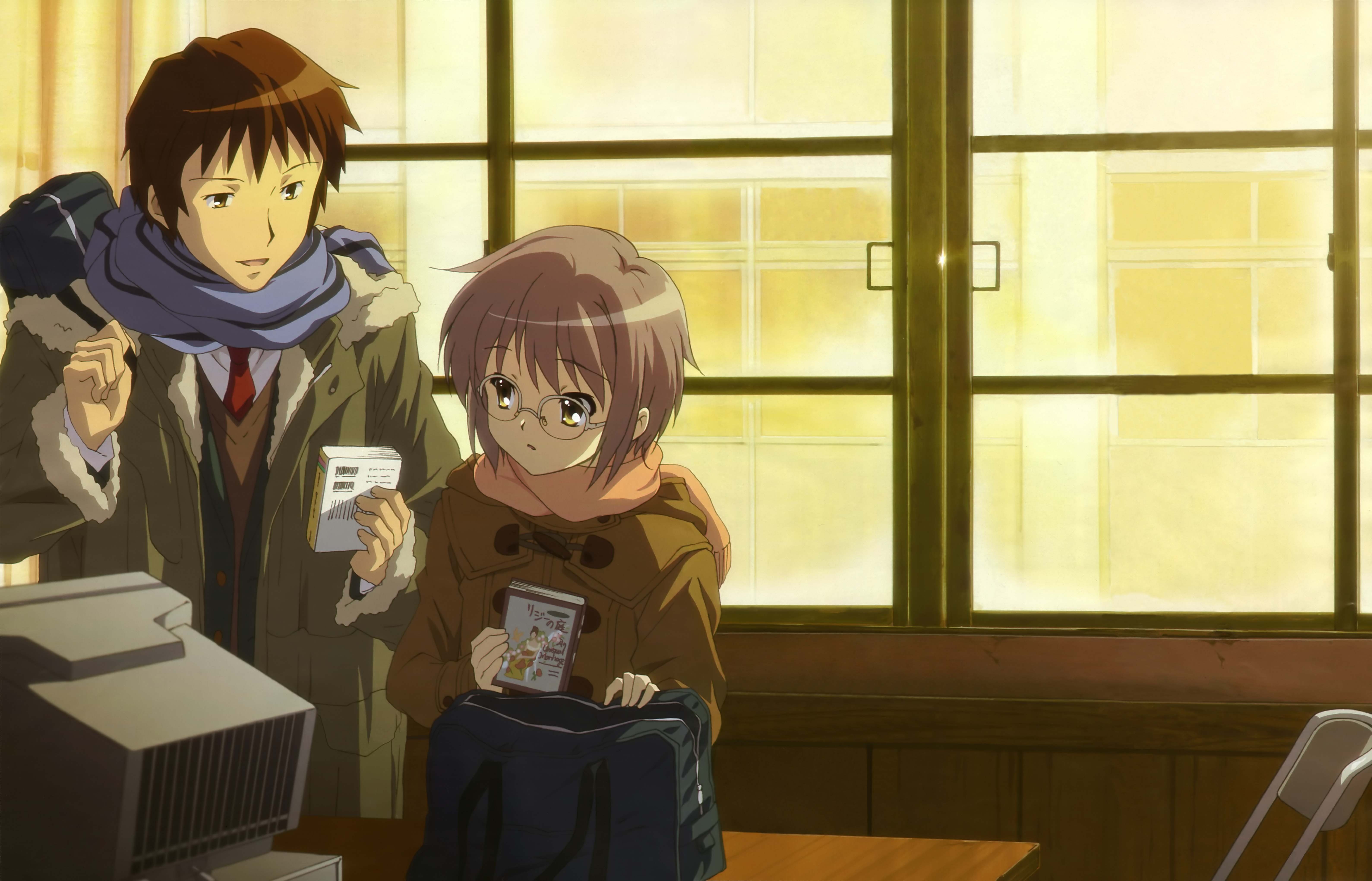 ikeda shouko, kyon, nagato yuki, suzumiya haruhi no shoushitsu, suzumiya haruhi no yuuutsu, absurdres, highres, non-web source, 00s, 10s, 1boy, 1girl, bag, blouse, book, brown eyes, brown hair, classroom, crt, glasses, holding, holding manga, indoors, manga (object), open bag, purple hair, scarf, school, school uniform, serafuku, shirt, short hair, sunset, unworn bag, white shirt