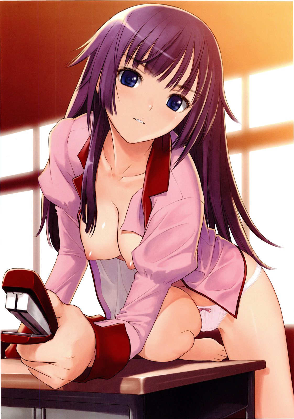 tony taka, senjougahara hitagi, bakemonogatari, monogatari (series), highres, 00s, 1girl, barefoot, blue eyes, bow, bow panties, breasts, feet, female focus, long hair, nipples, open clothes, open shirt, panties, puffy nipples, purple hair, school uniform, shirt, solo, stapler, toes, underwear