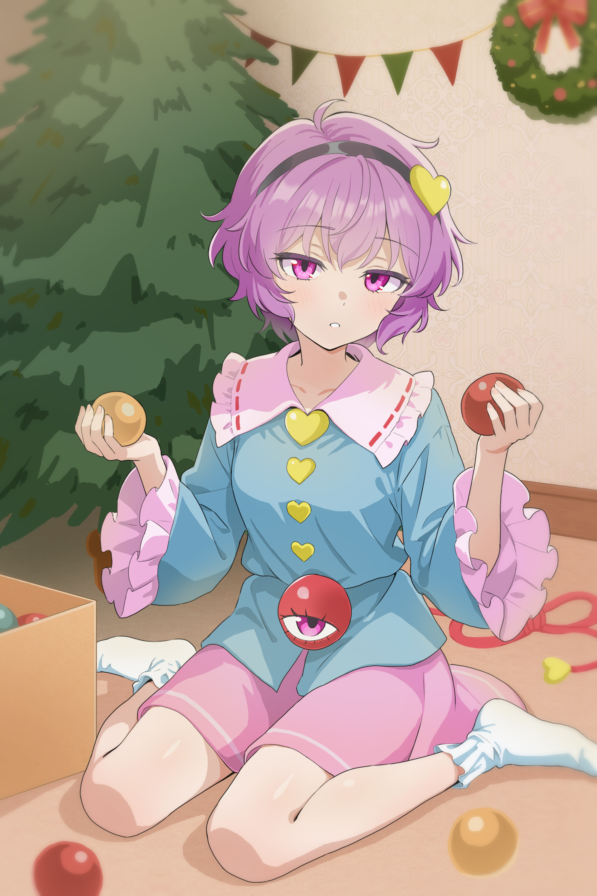 komeiji satori, touhou, absurdres, commentary request, highres, making-of available, 1girl, ahoge, ball, black hairband, blue shirt, box, buttons, carpet, christmas, christmas ornaments, christmas tree, christmas wreath, collarbone, decorations, frilled sleeves, frills, full body, hair ornament, hairband, hands up, heart, heart button, heart hair ornament, holding, holding ball, indoors, light blush, long sleeves, looking at viewer, mitsume310i, no shoes, parted lips, pink eyes, pink hair, pink skirt, shadow, shirt, sitting, skirt, socks, solo, third eye, wariza, white socks, wreath