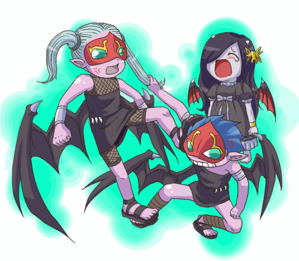 fabled krus, fabled lurrie, fabled topi, fiend roar deity cruz, fiend roar deity luri, fiend roar deity topy, yu-gi-oh!, yu-gi-oh! duel monsters, battle, black hair, blue hair, dress, duel monster, grabbing another's hair, hair ornament, hairclip, holding another's hair, horns, mask, tears, wings