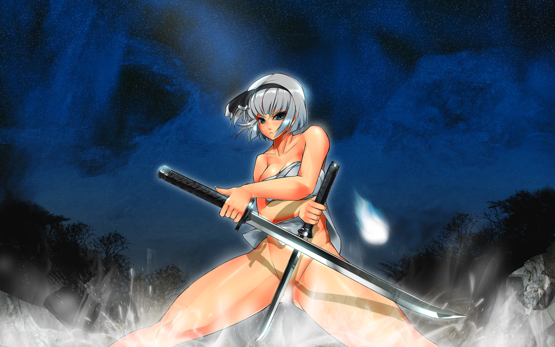 bowalia, konpaku youmu, konpaku youmu (ghost), touhou, silver hair, bad id, bad pixiv id, 1girl, blue eyes, bottomless, censored, convenient censoring, dual wielding, female focus, groin, hairband, hitodama, holding, katana, night, onsen, short hair, solo, sword, tanto, towel, tree, weapon