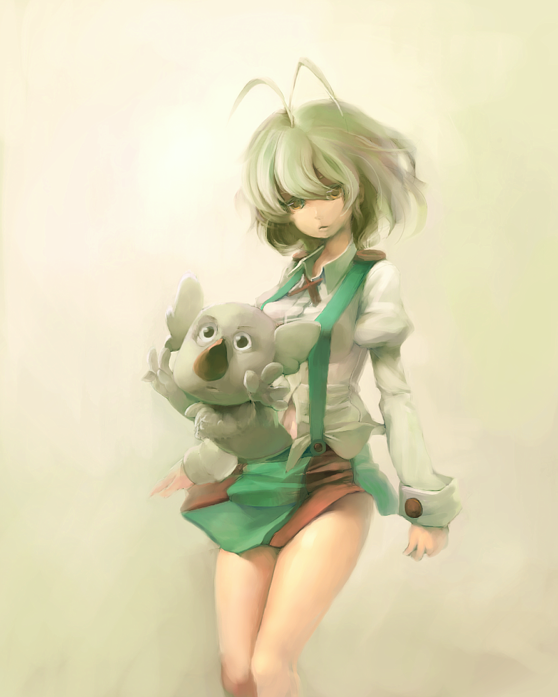 poth, antenna hair, green hair, koala, short hair, solo, suspenders, thighs, wrist cuffs, yellow eyes
