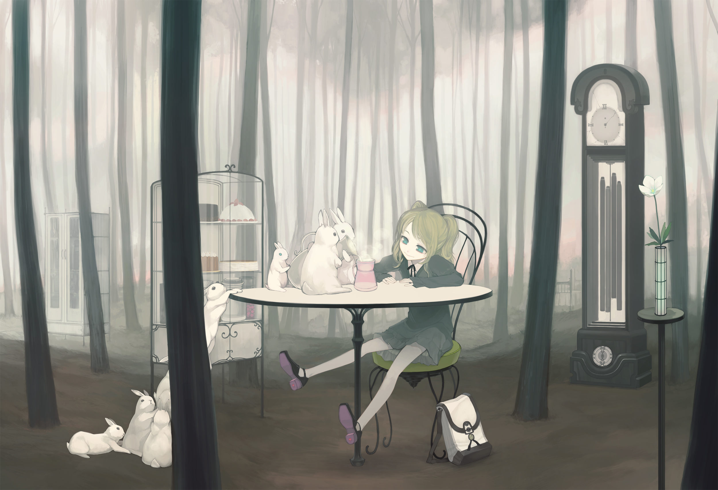 kimura daisuke, original, bad id, bad pixiv id, highres, 1girl, backpack, bag, cake, clock, female focus, food, forest, nature, pantyhose, pastry, rabbit, randoseru, sitting, solo, surreal, twintails