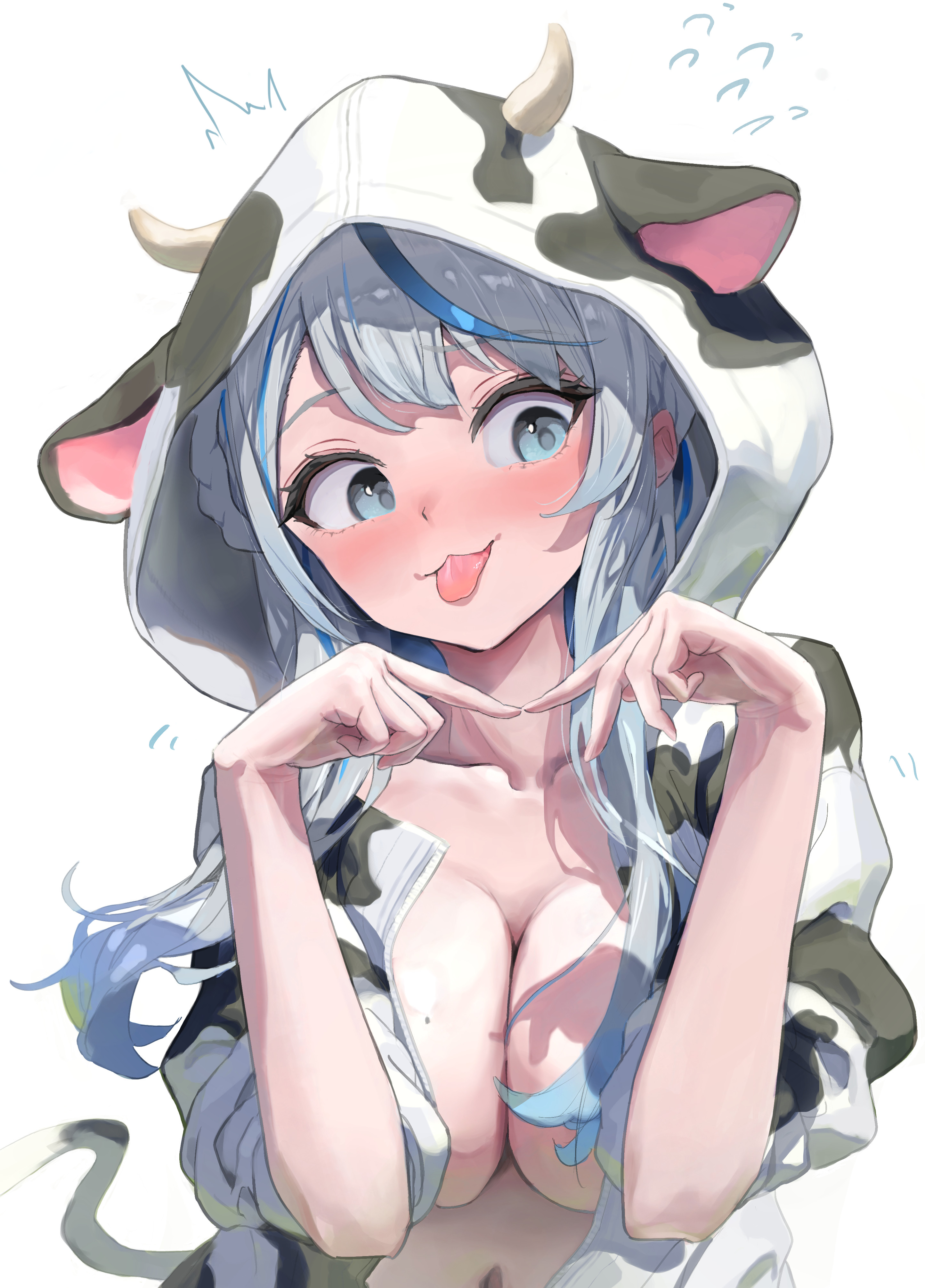 remi (rem67763852), amagai ruka, weather planet, absurdres, commentary request, highres, !, 1girl, :3, animal ears, animal print, blue eyes, blue hair, blush, braid, breasts, collarbone, cosplay, cow ears, cow print, cow tail, grey hair, kigurumi, large breasts, mole, mole on breast, multicolored hair, open clothes, simple background, tail, tongue, tongue out, virtual youtuber