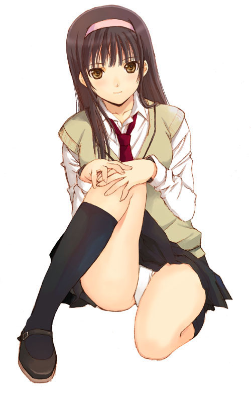 seiru (prairie), 1girl, brown eyes, brown hair, female focus, hairband, looking at viewer, panties, pantyshot, school uniform, sitting, skirt, socks, solo, thighs, underwear, upskirt