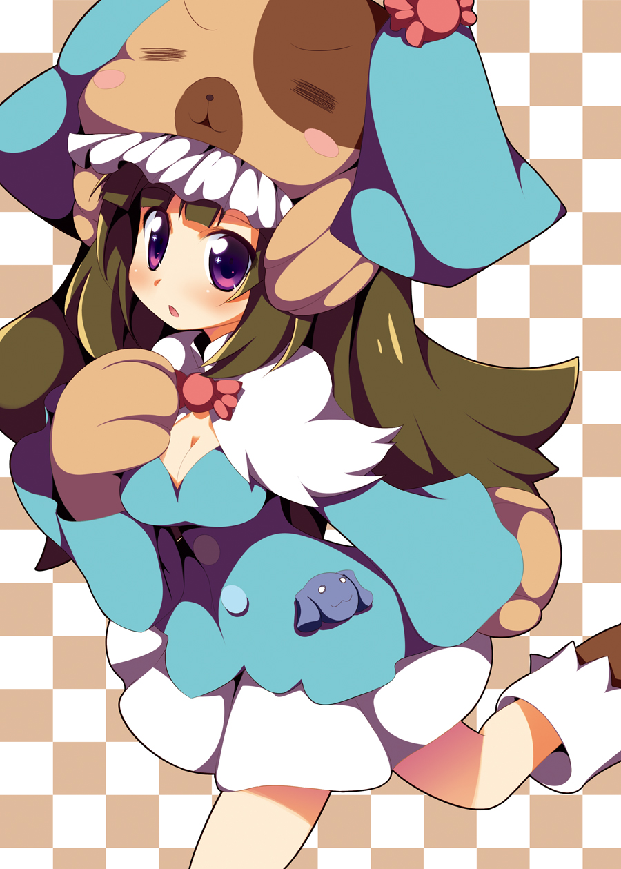 hoppege, mikogami nagisa, anyamal tantei kirumin zoo, highres, 1girl, animal ears, animal hands, animal hat, blush, boots, breasts, brown hair, cleavage, dog, dog ears, dress, female focus, hat, long hair, medium breasts, open mouth, purple eyes, ribbon, solo