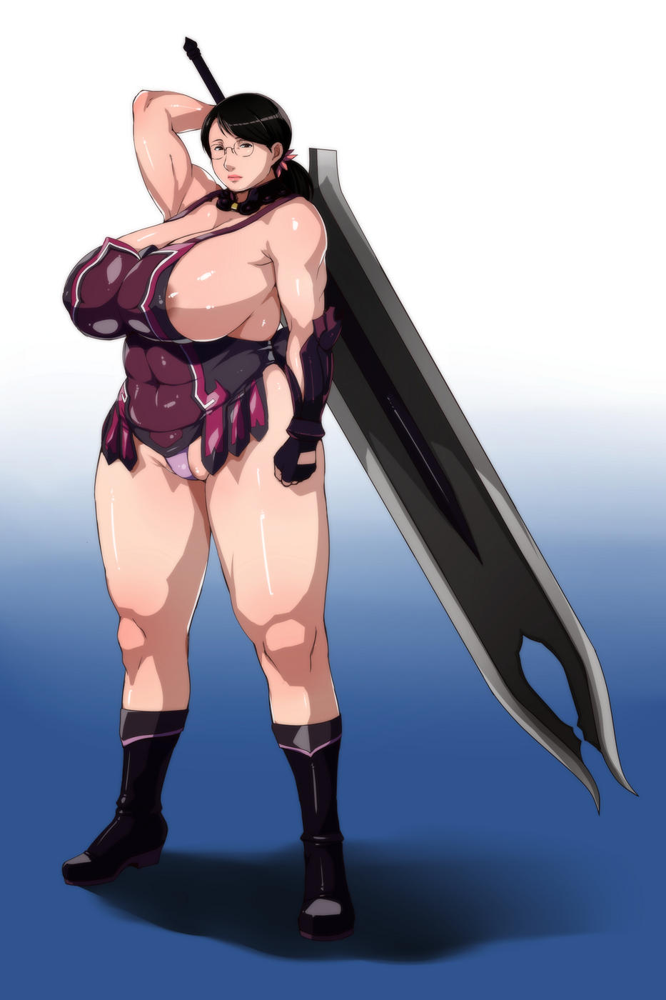 ganto, cattleya (queen's blade), queen's blade, highres, tagme, 00s, 1girl, black hair, breasts, female focus, glasses, gradient background, huge breasts, plump, solo, sword, weapon